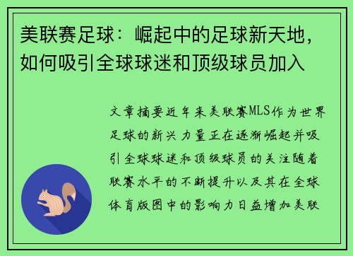 美联赛足球：崛起中的足球新天地，如何吸引全球球迷和顶级球员加入