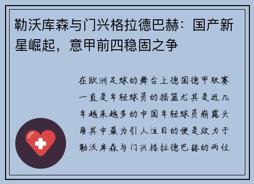 勒沃库森与门兴格拉德巴赫：国产新星崛起，意甲前四稳固之争