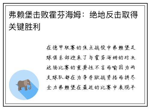 弗赖堡击败霍芬海姆：绝地反击取得关键胜利