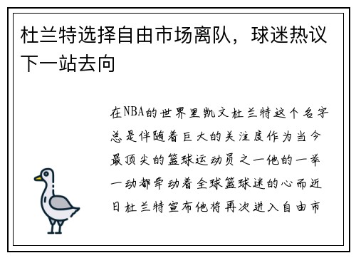 杜兰特选择自由市场离队，球迷热议下一站去向